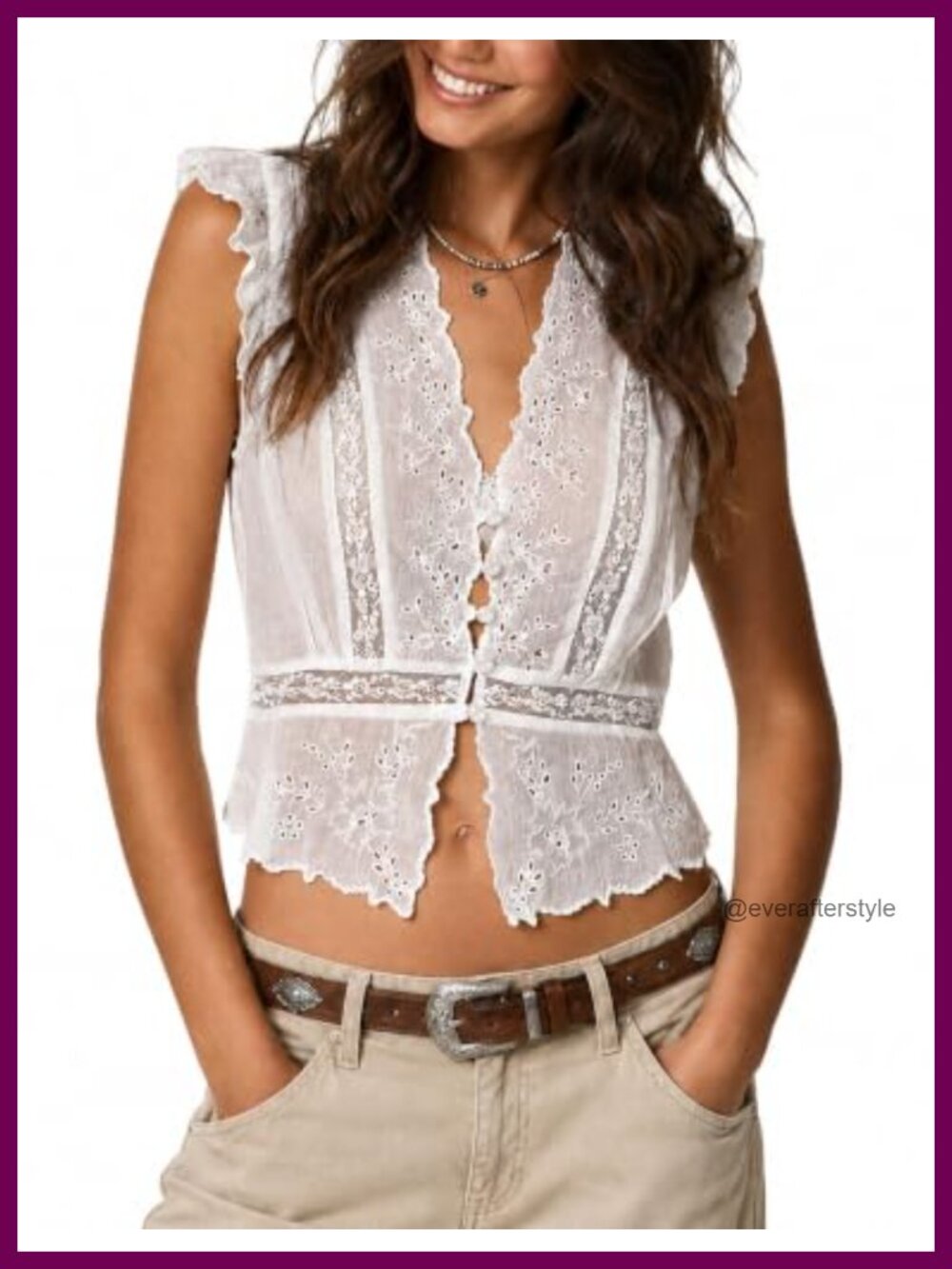 Boho Lace Eyelet Ruffle Tank Top 100% Cotton Button V-Neck Summer